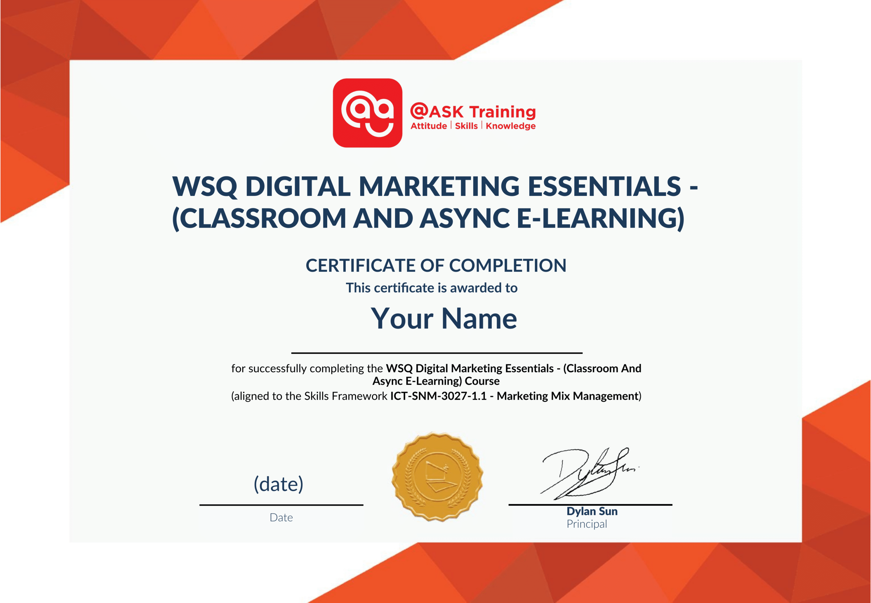 WSQ Digital Marketing Essentials - (Classroom and Async E-learning) Certificate Sample