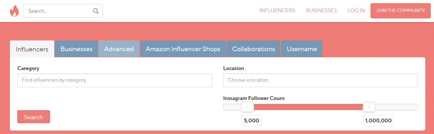 A screenshot of Influence.co main page as example
