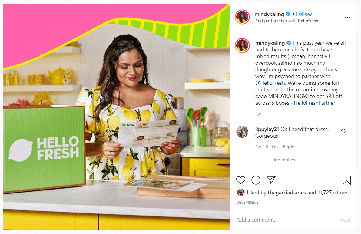 An example of Hello Fresh collaboration with celebrity