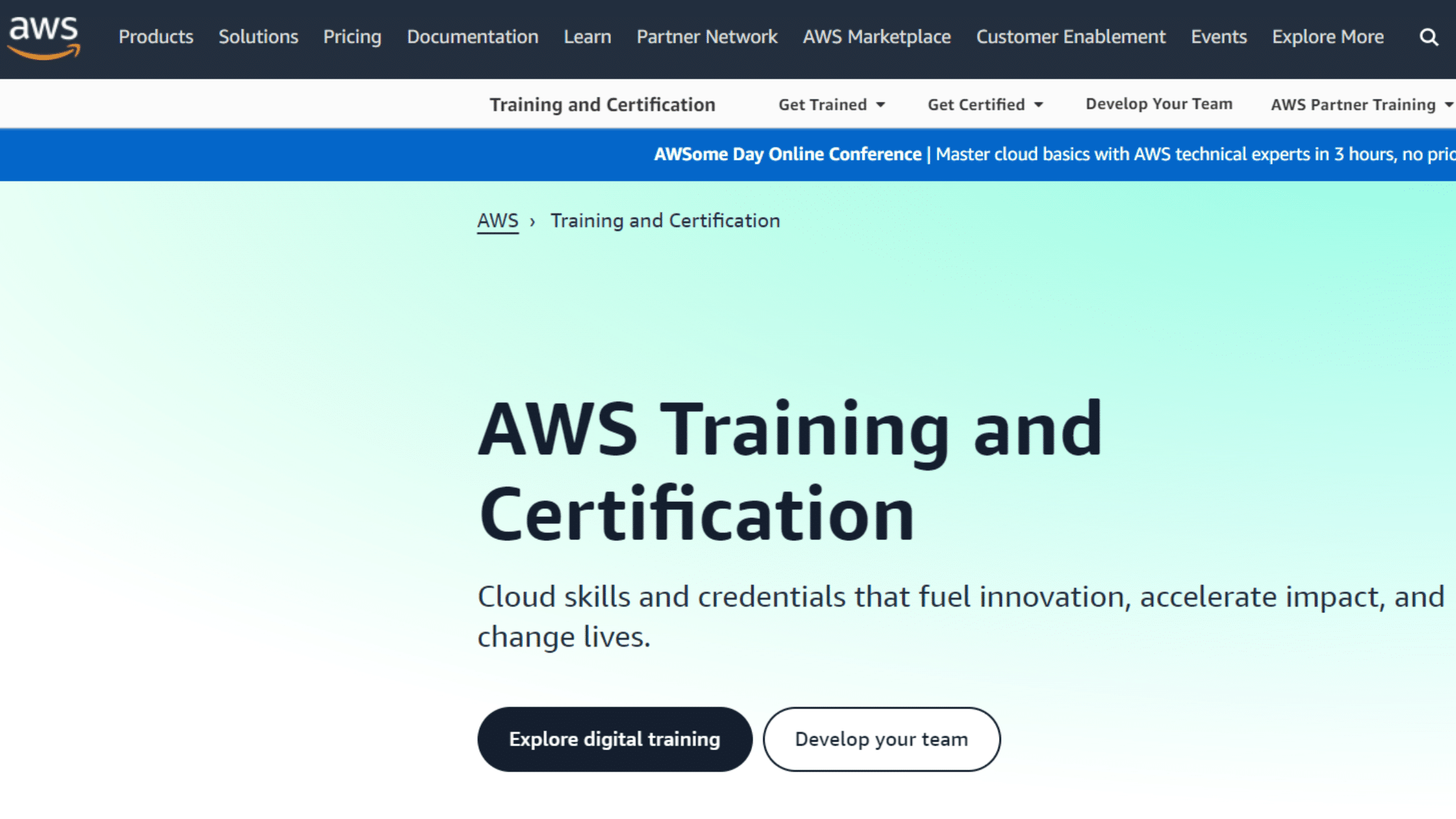 A screenshot of AWS Training homepage