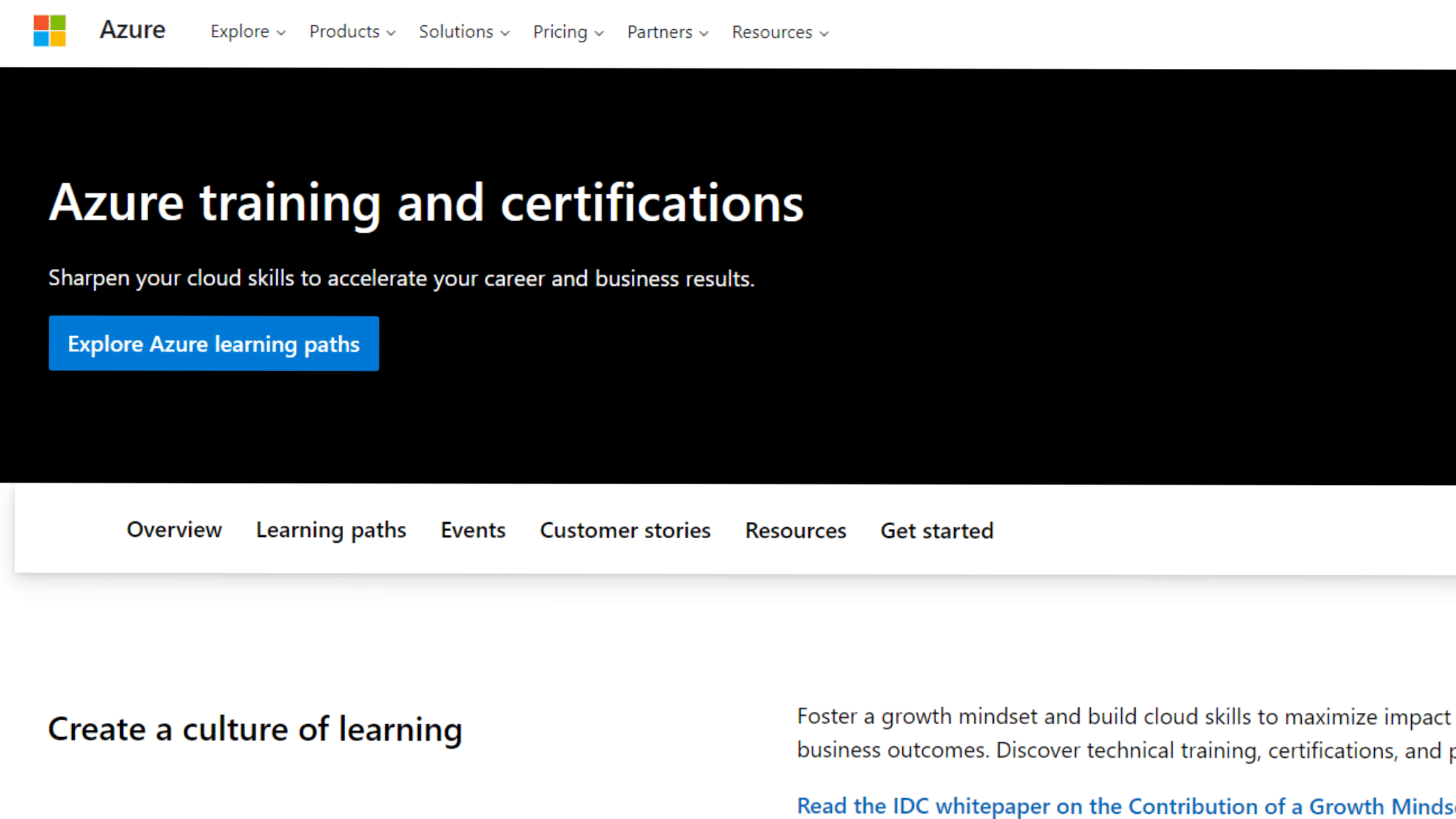 A screenshot of Microsoft Azure Training homepage