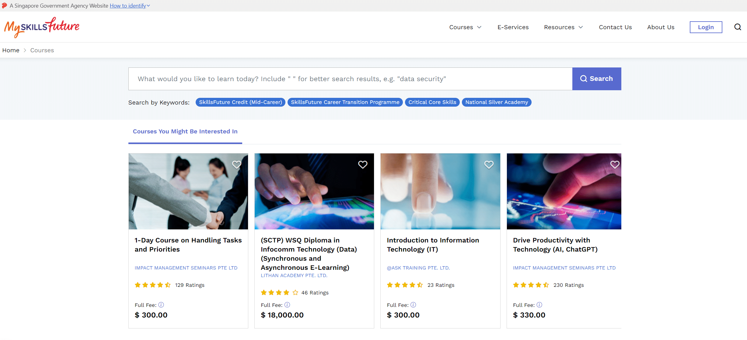 A screenshot of MySkillsFuture Homepage