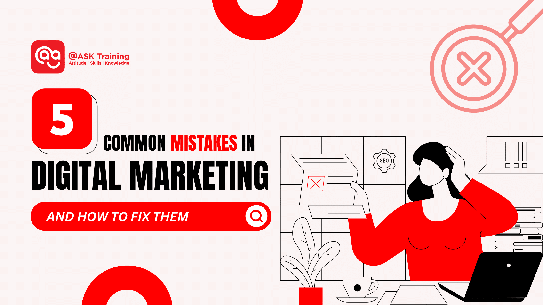 header image of common mistakes in digital marketing with elements of woman thinking