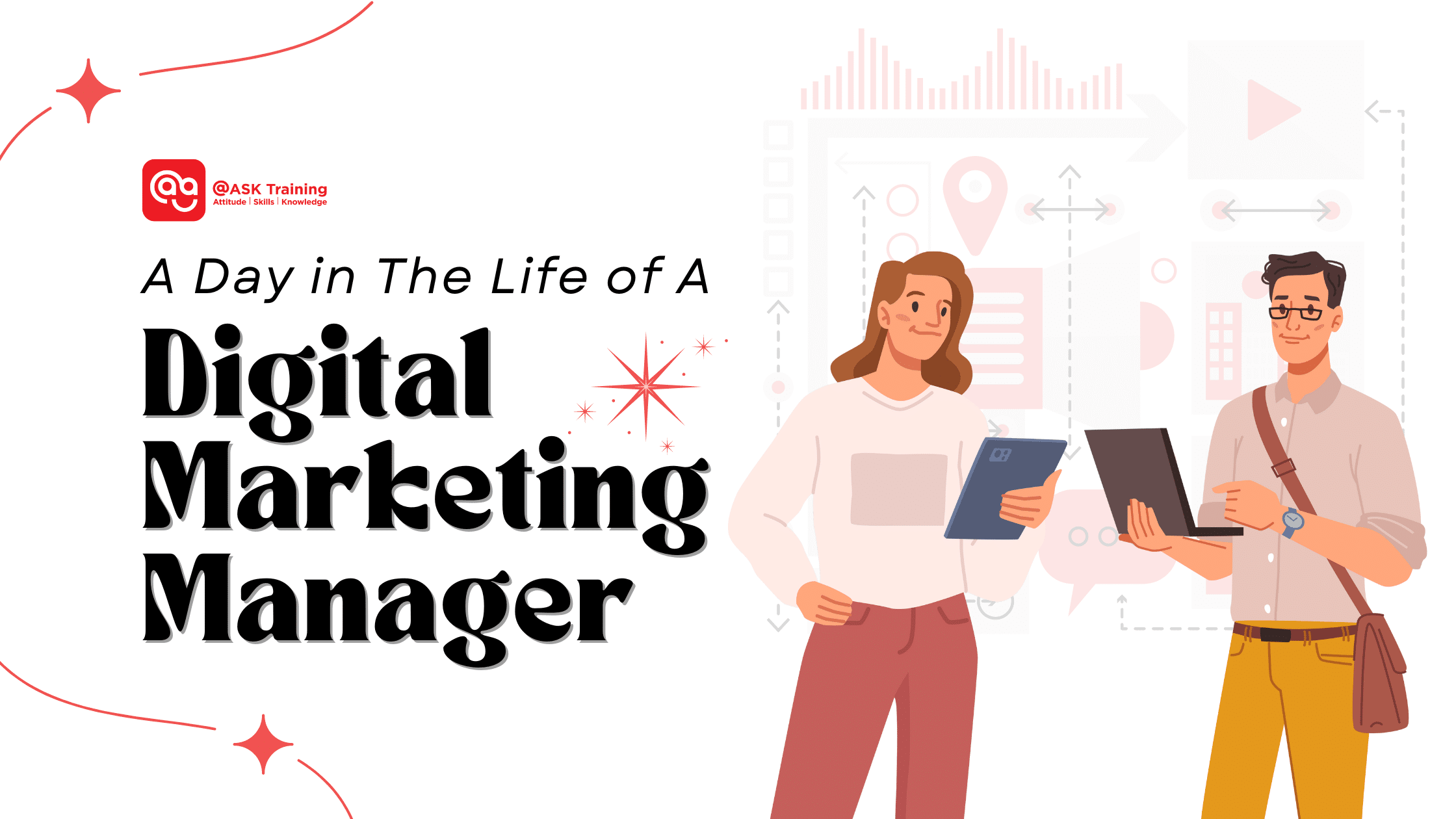 header image for a day in a life of a digital marketing manager with two human elements