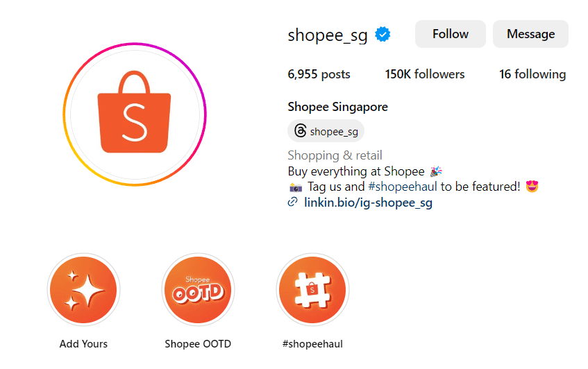 a screenshot of shopee sg instagram profile