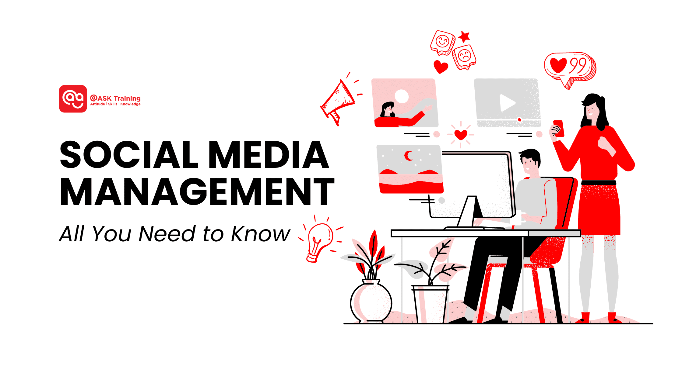 header image of social media management with two human elements looking at the computer