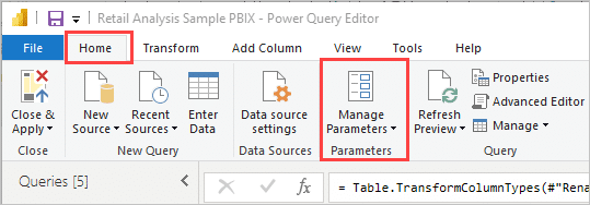 a sample of manage parameters in power query