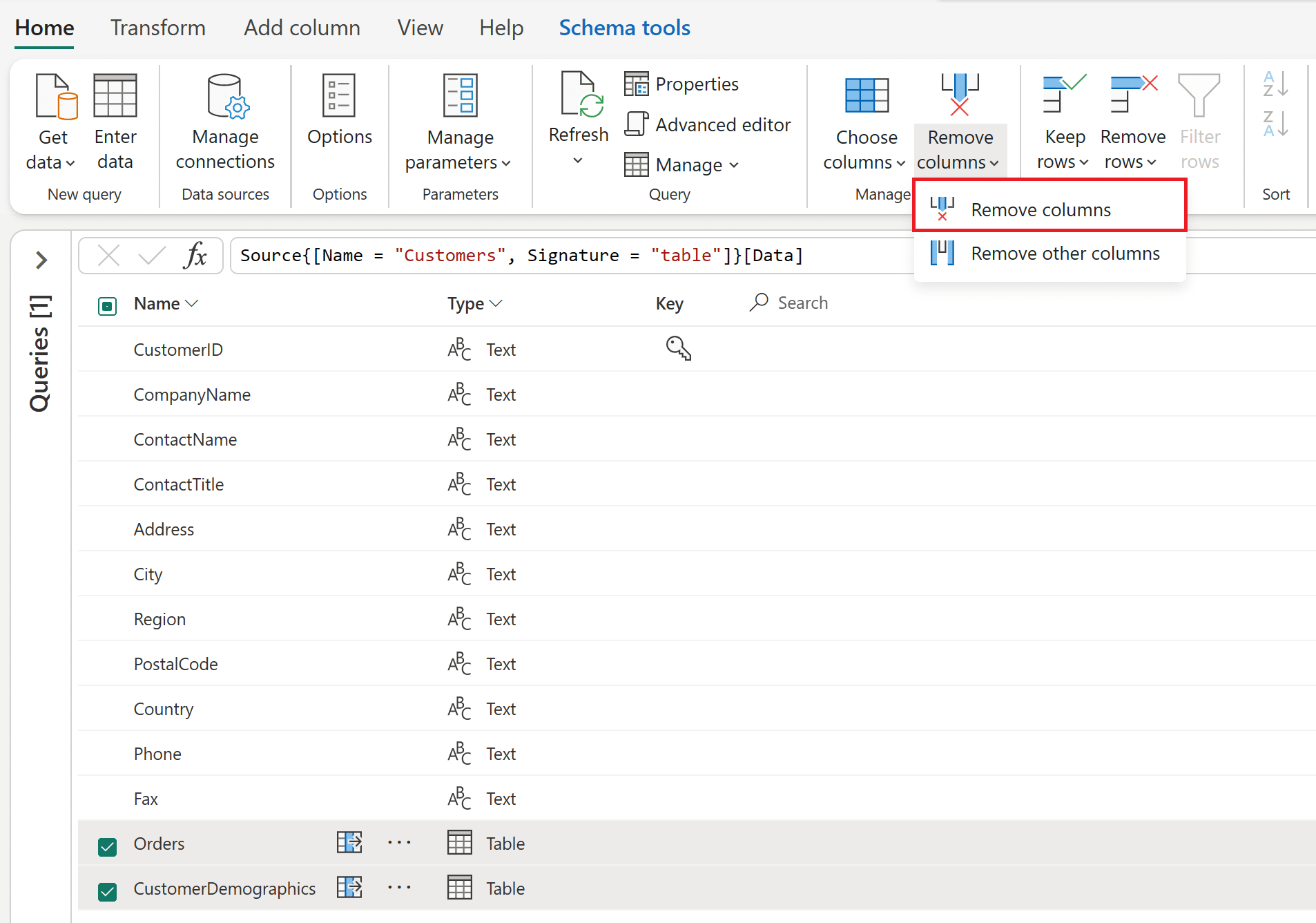 Sample of Power Query 'remove column