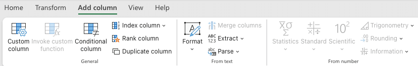 a screenshot of add column tab on power query microsoft 365 excel