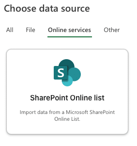 a screenshot of choosing data source for power query via online services