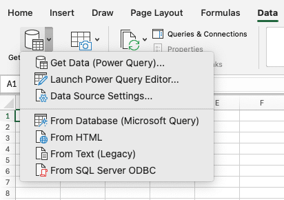 a screenshot of database connection from get data