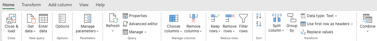 a screenshot of home tab ribbon power query excel m365