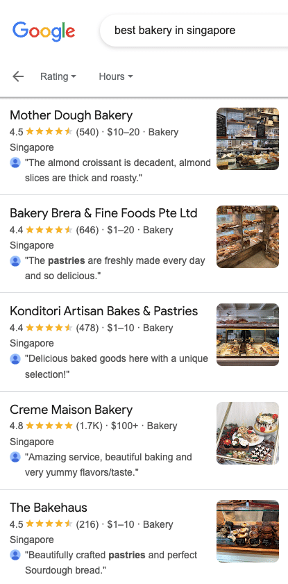 a screenshot example of best bakery in singapore on google