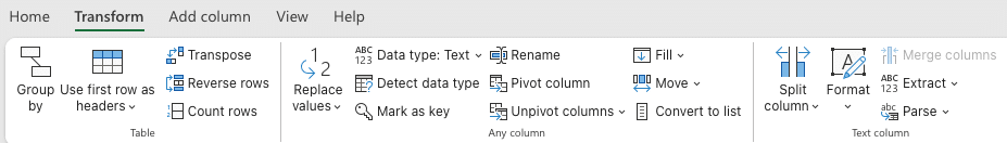 a screenshot of transform tab ribbon power query on microsoft 365 excel