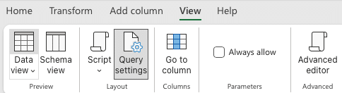 a screenshot of view tab on power query on microsoft 365 excel