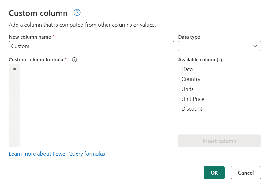 a screenshot add custom column window power query microsoft excel