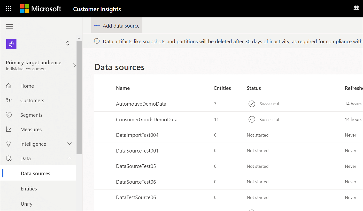 a sample of add data source via microsoft dynamics customer insights