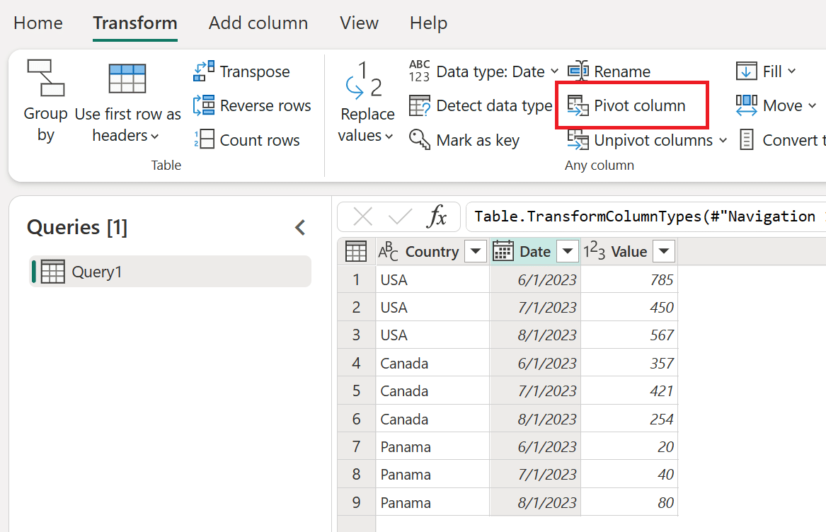 a screenshot pivot columns on power query in microsoft excel