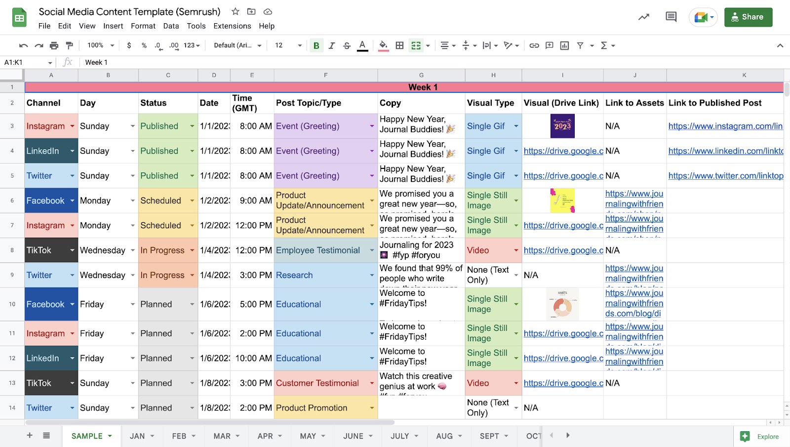 example of social media content calendar template by Semrush