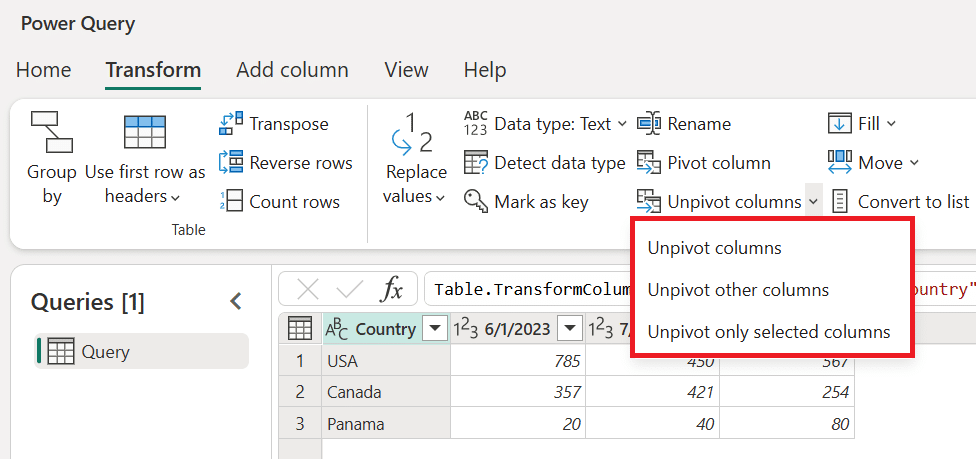 a screenshot of unpivot column on power query in microsoft excel