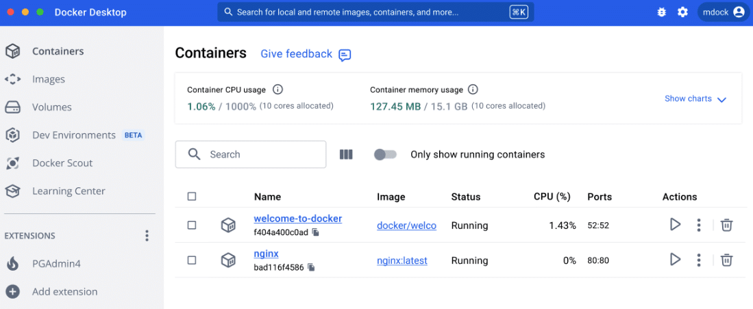 a screenshot of Docker Desktop as an example for Containers