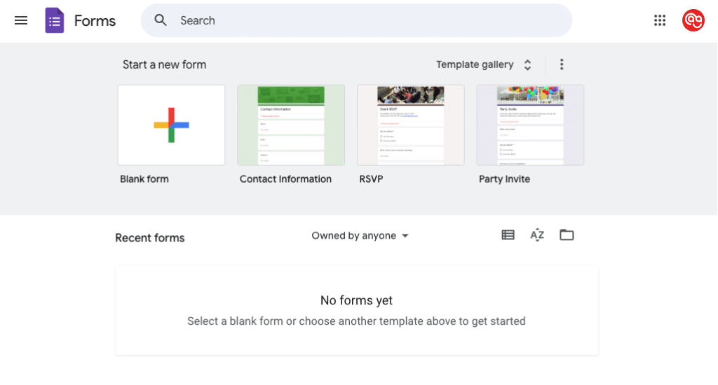 a screenshot of google forms dashboard menu