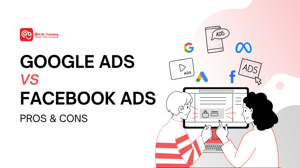 header banner image of google ads vs facebook ads with human elements and brand icons