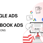 header banner image of google ads vs facebook ads with human elements and brand icons