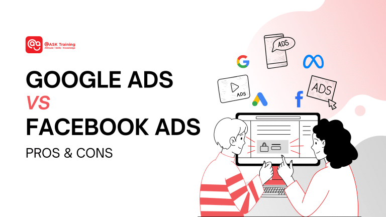 header banner image of google ads vs facebook ads with human elements and brand icons