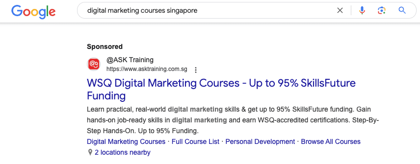 a screenshot of search ad by @ASK Training in google as example