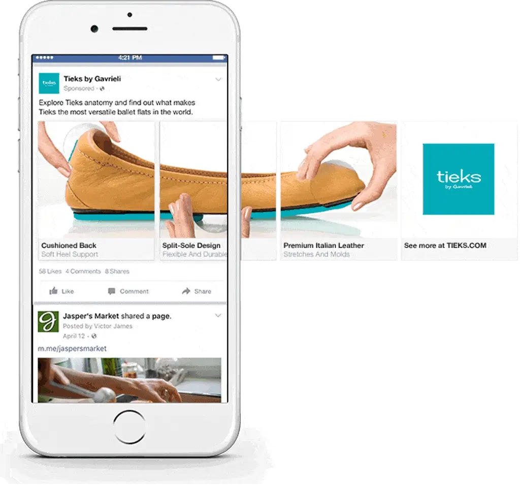 a gif of tieks sponsored facebook slideshow ad as example