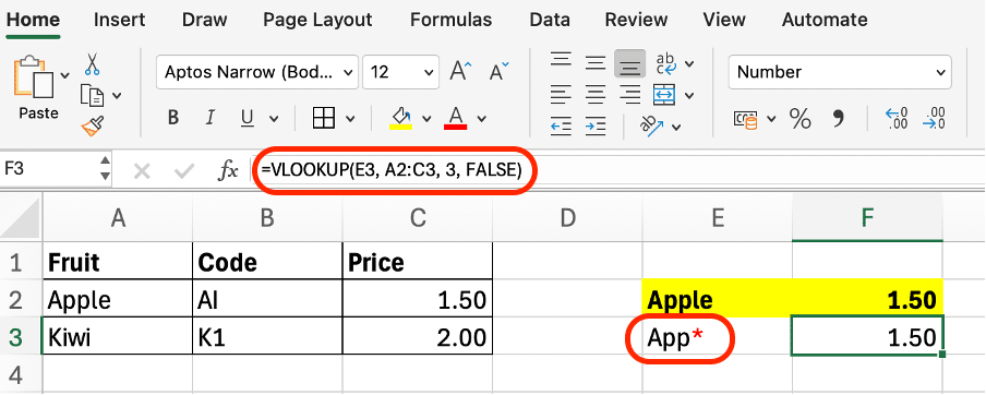 a screenshot of partial lookup with wildcards in excel