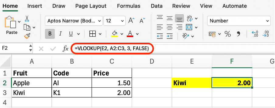 a screenshot of basic vlookup formula in excel