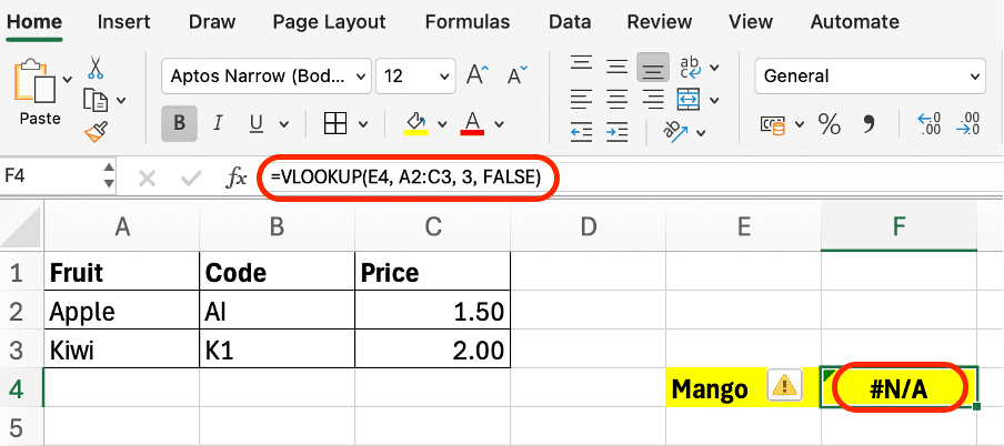 a screenshot of #N/A lookup value not found in excel vlookup error