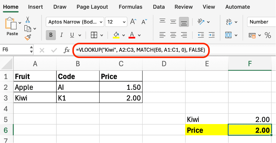 a screenshot example of using VLOOKUP with MATCH in excel
