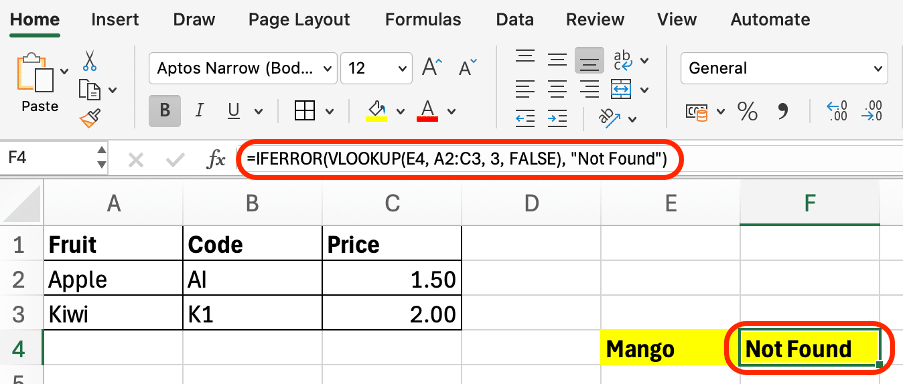 a screenshot of vlookup fix to not found in excel