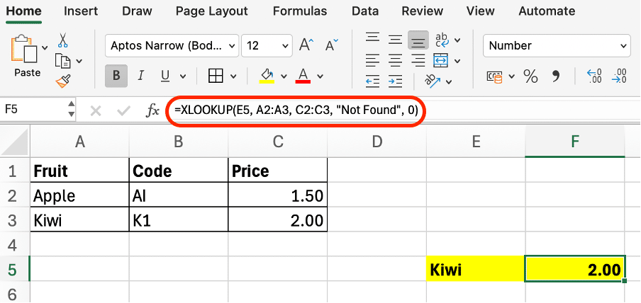 a screenshot example of using xlookup instead of vlookup in excel