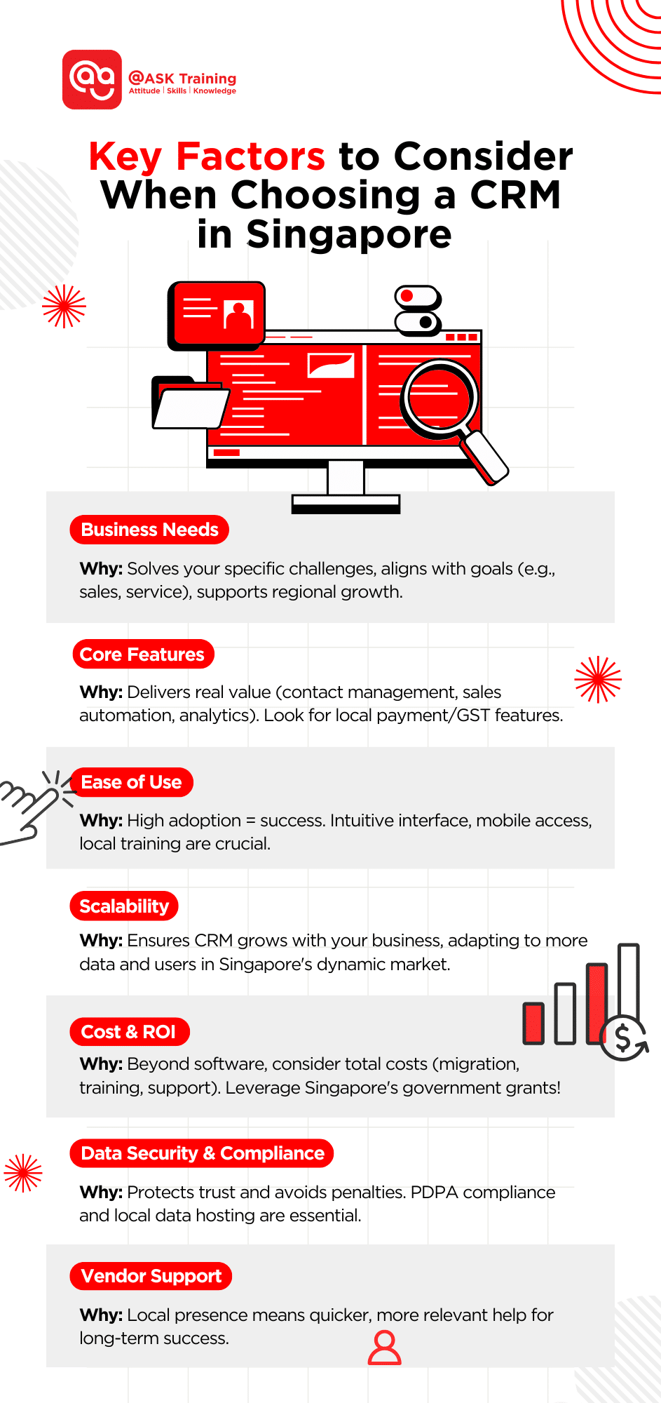 infographic of the key factors to consider when choosing a crm in singapore with tech elements