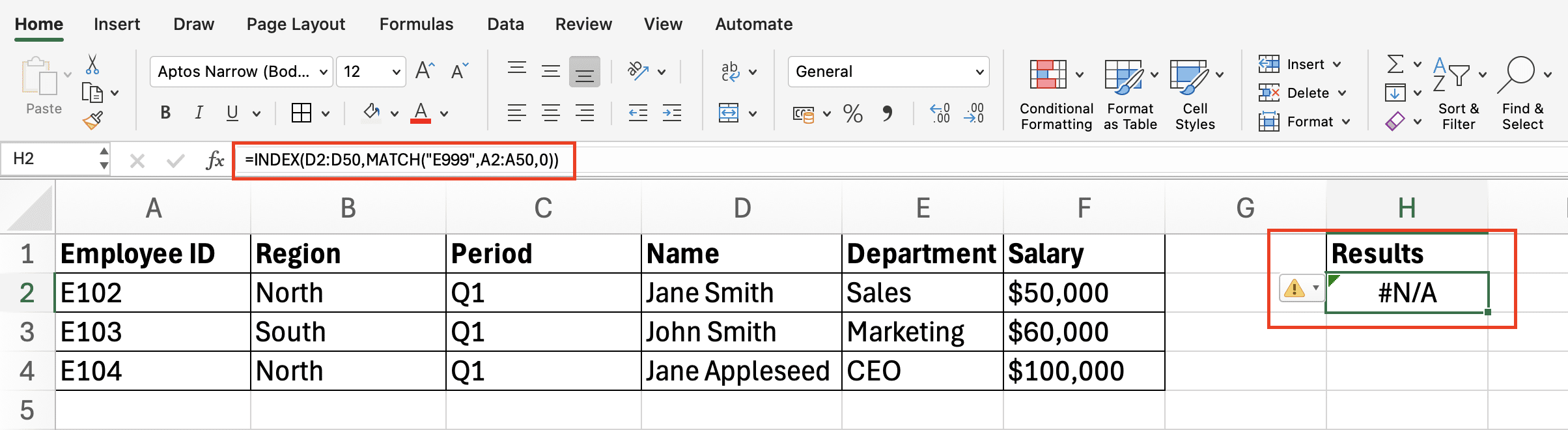 a screenshot of data showing NA error on excel