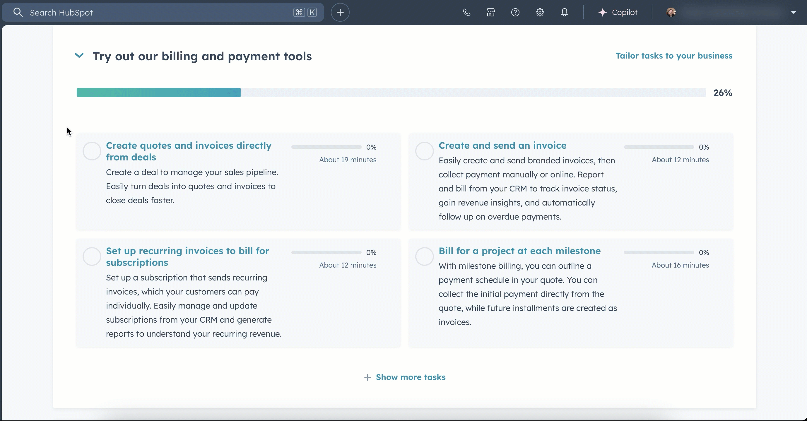 a gif of setting up billing and payment tools via hubspot for crm