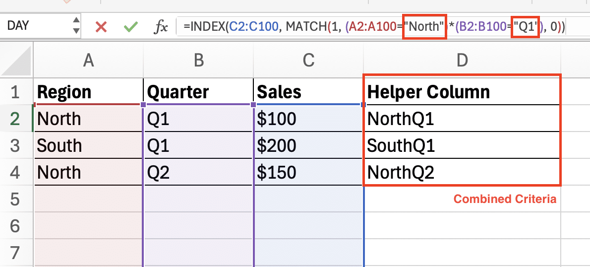 a screenshot of multi criteria lookup on excel