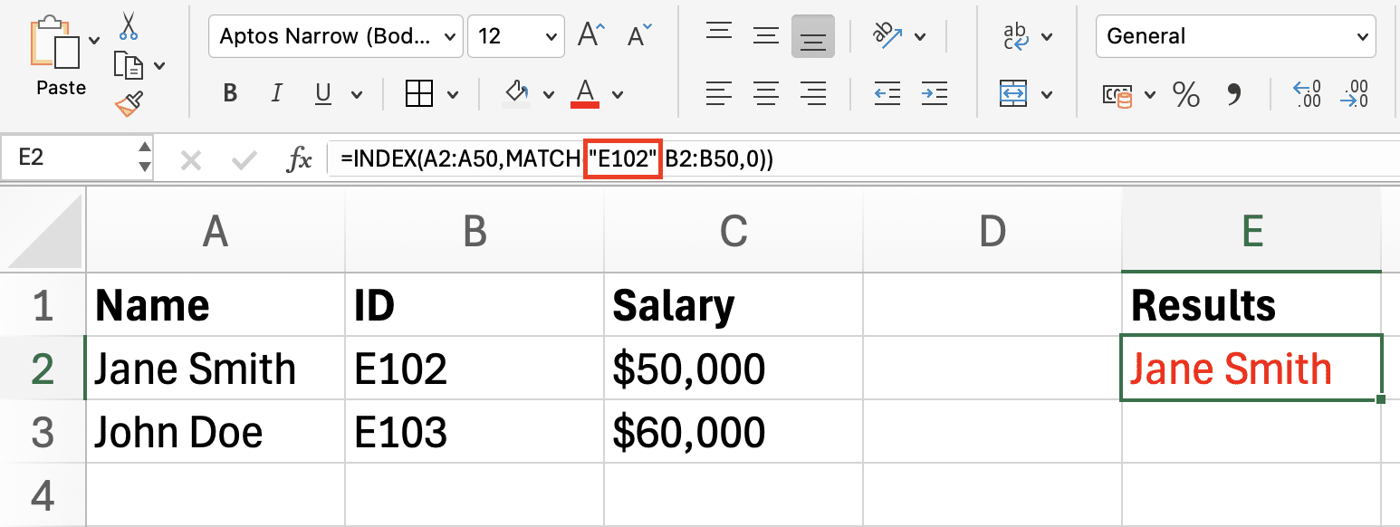 a screenshot of reverse lookup formula on excel