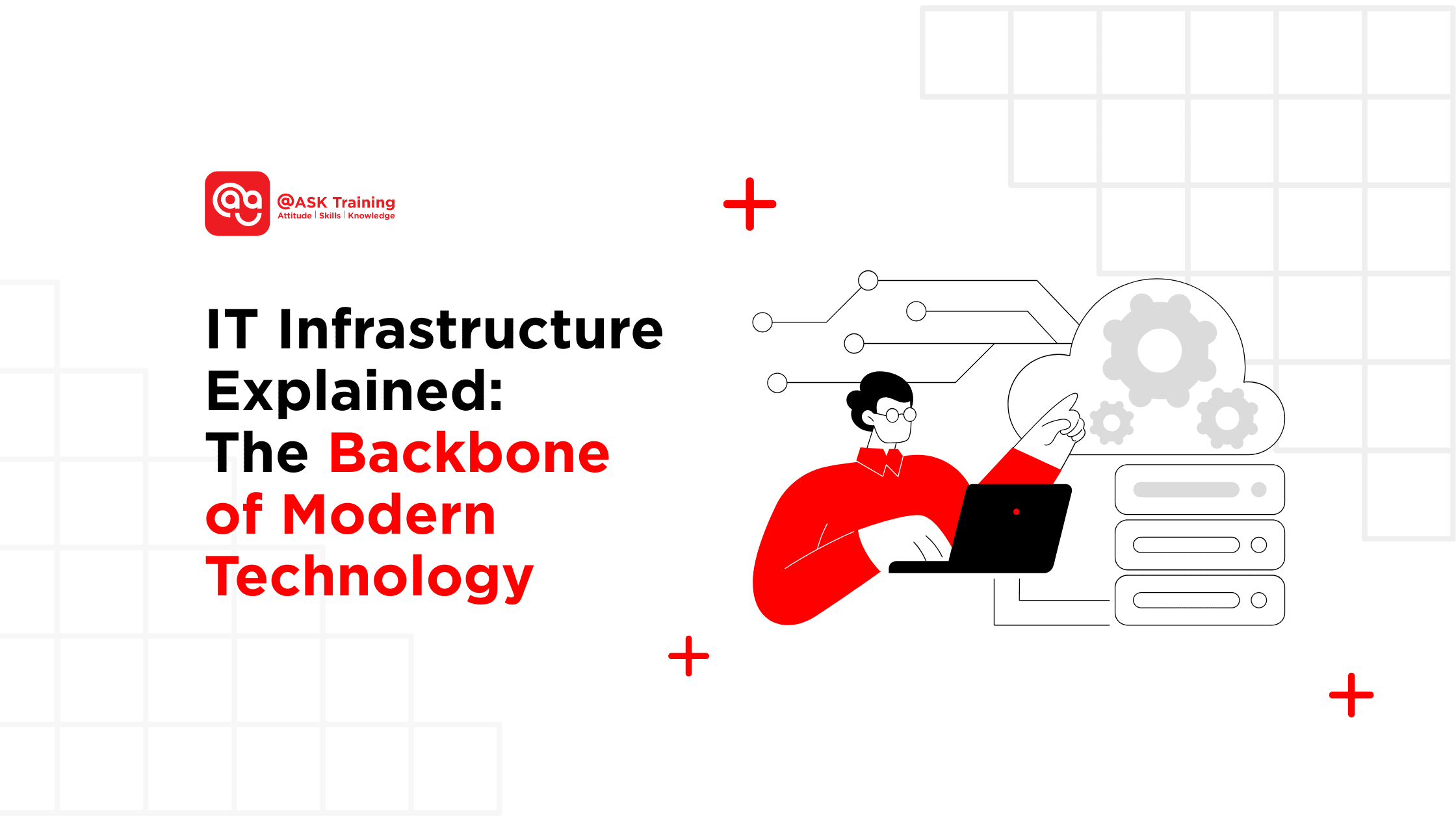 header banner of IT infrastructure explained the backbone of modern technology with human elements using a laptop