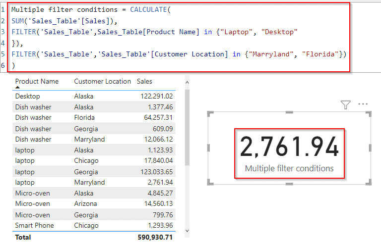 a screenshot formula for multiple FILTER conditions for complex conditions in power pivot excel
