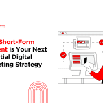 a header banner on why short-form content is your next essential digital marketing strategy with human on computer and shape elements