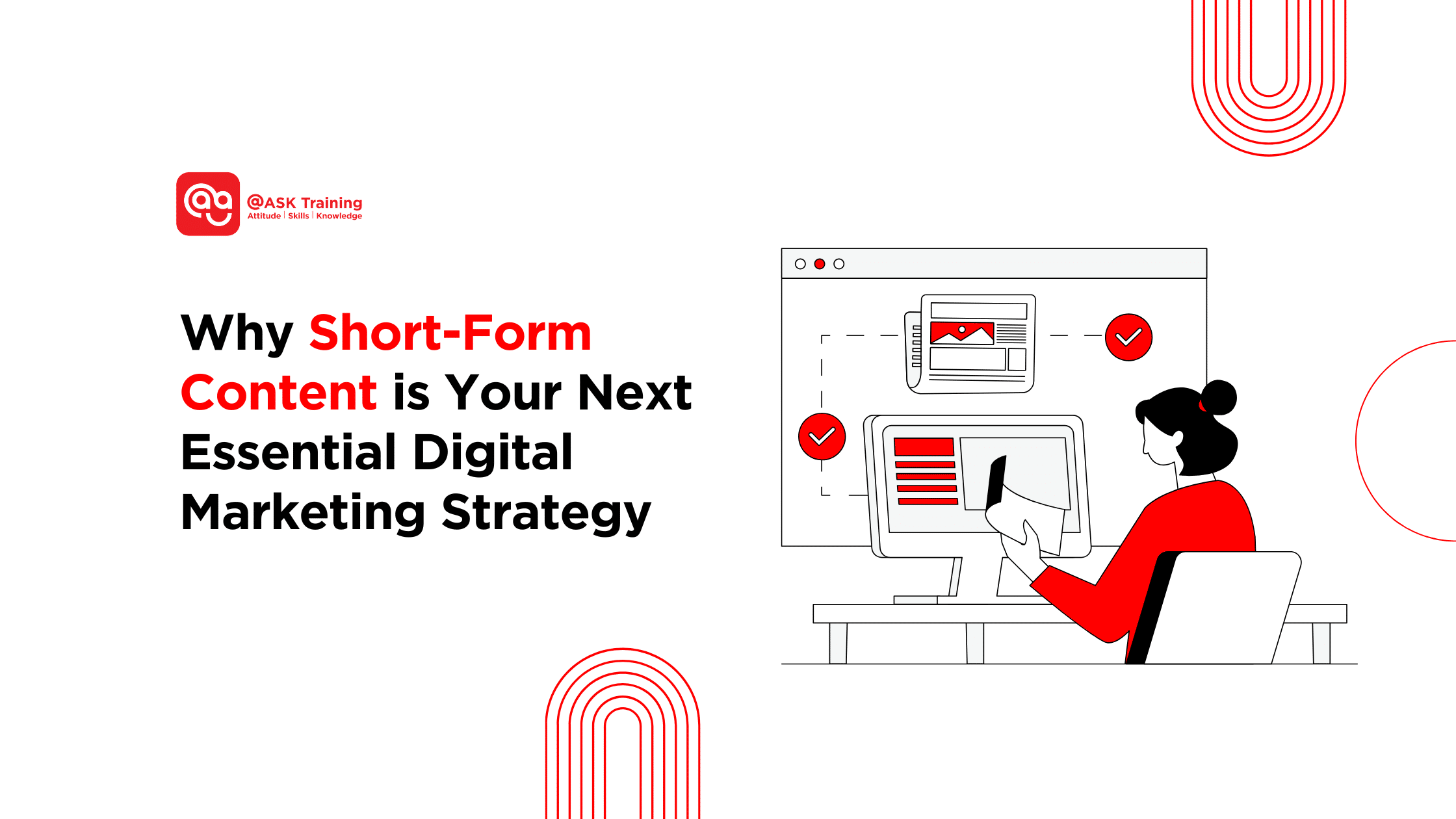 a header banner on why short-form content is your next essential digital marketing strategy with human on computer and shape elements