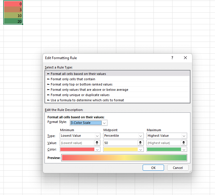 image of using colour scales in excel for excel dashboards