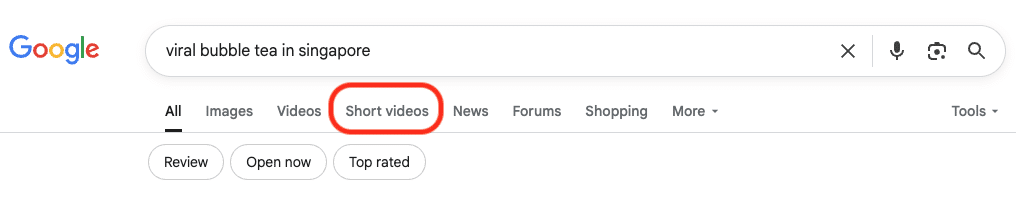 a screenshot of google search short video tab for short-form content