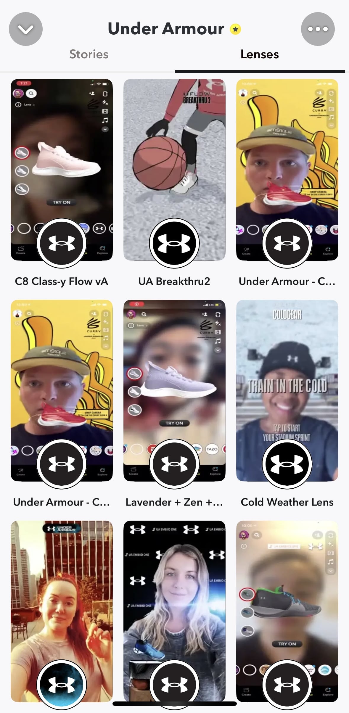 a screenshot of under armour on snapchat with ar filters as short form content