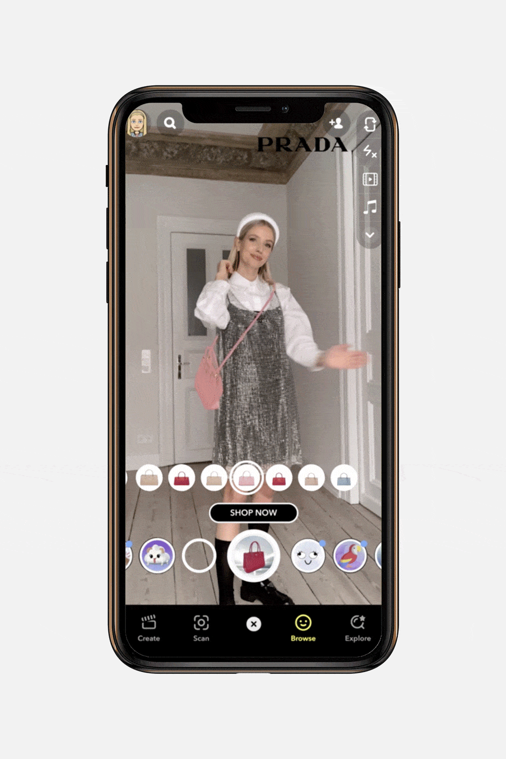 a screenshot of vogue and prada collab ar filter on snapchat as short-form content